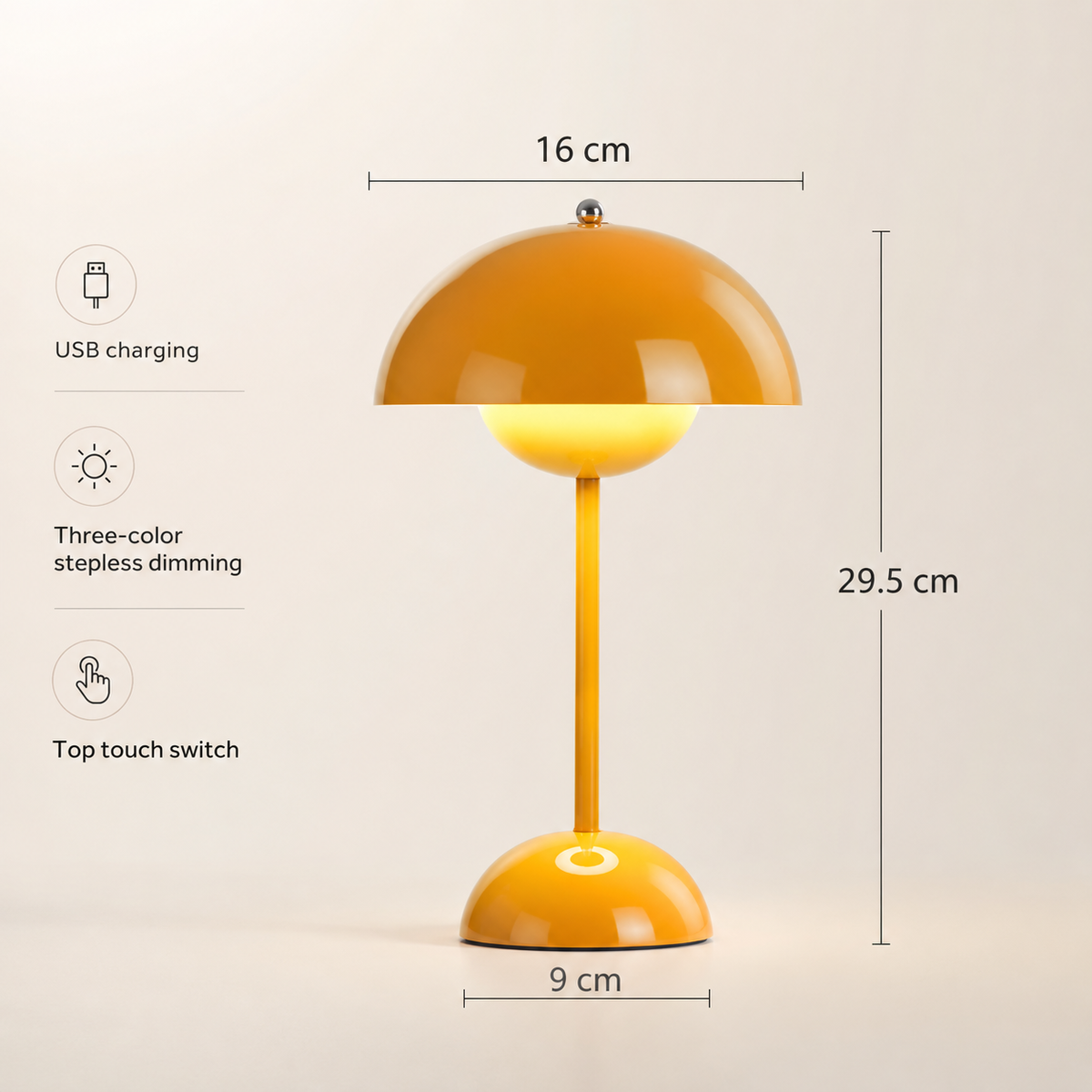 Stylish cordless table lamp with a rounded bud-like dome and touch control. 10