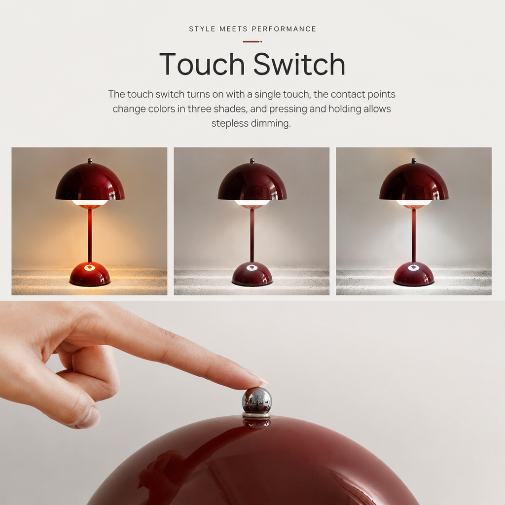 Stylish cordless table lamp with a rounded bud-like dome and touch control. 6