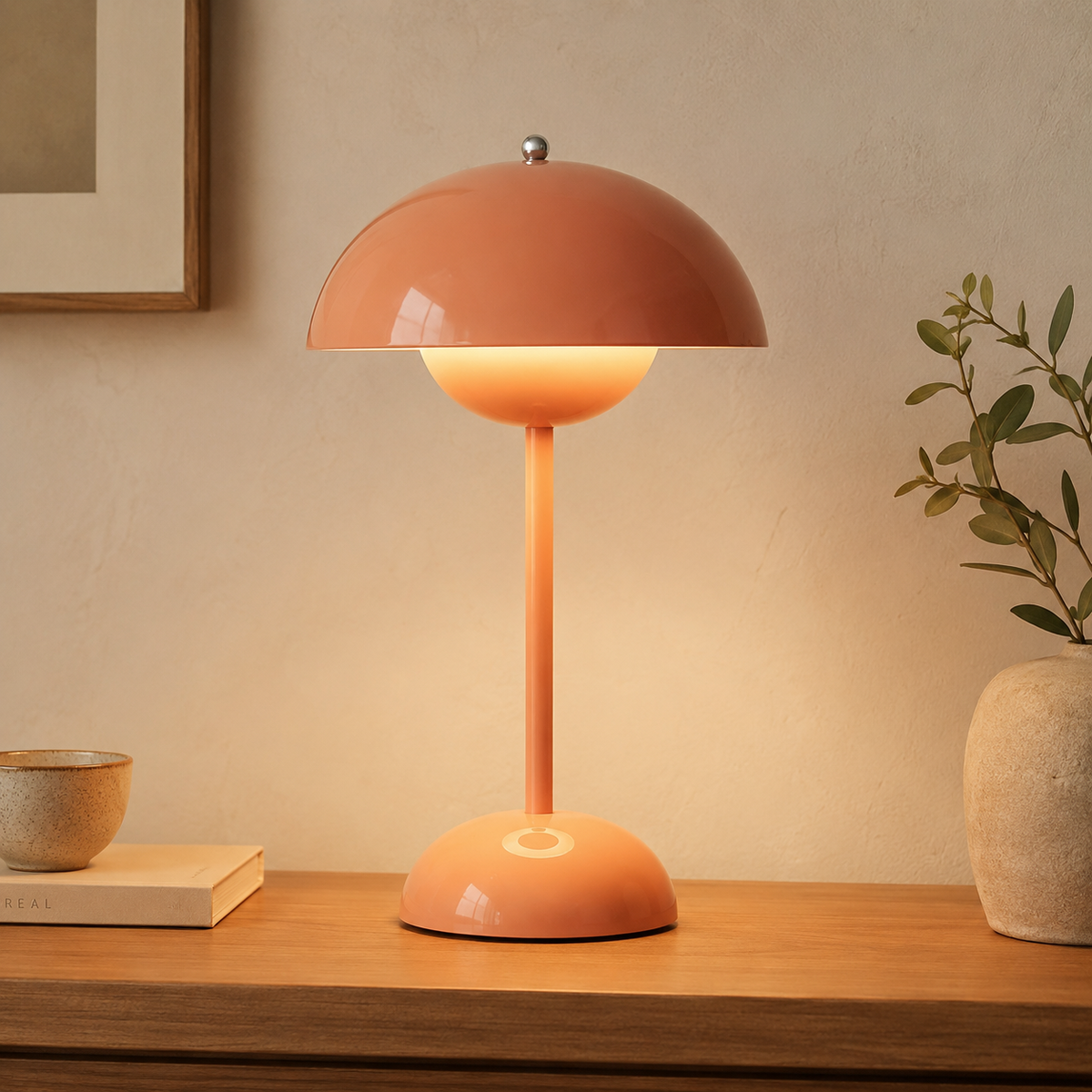 Stylish cordless table lamp with a rounded bud-like dome and touch control. 8