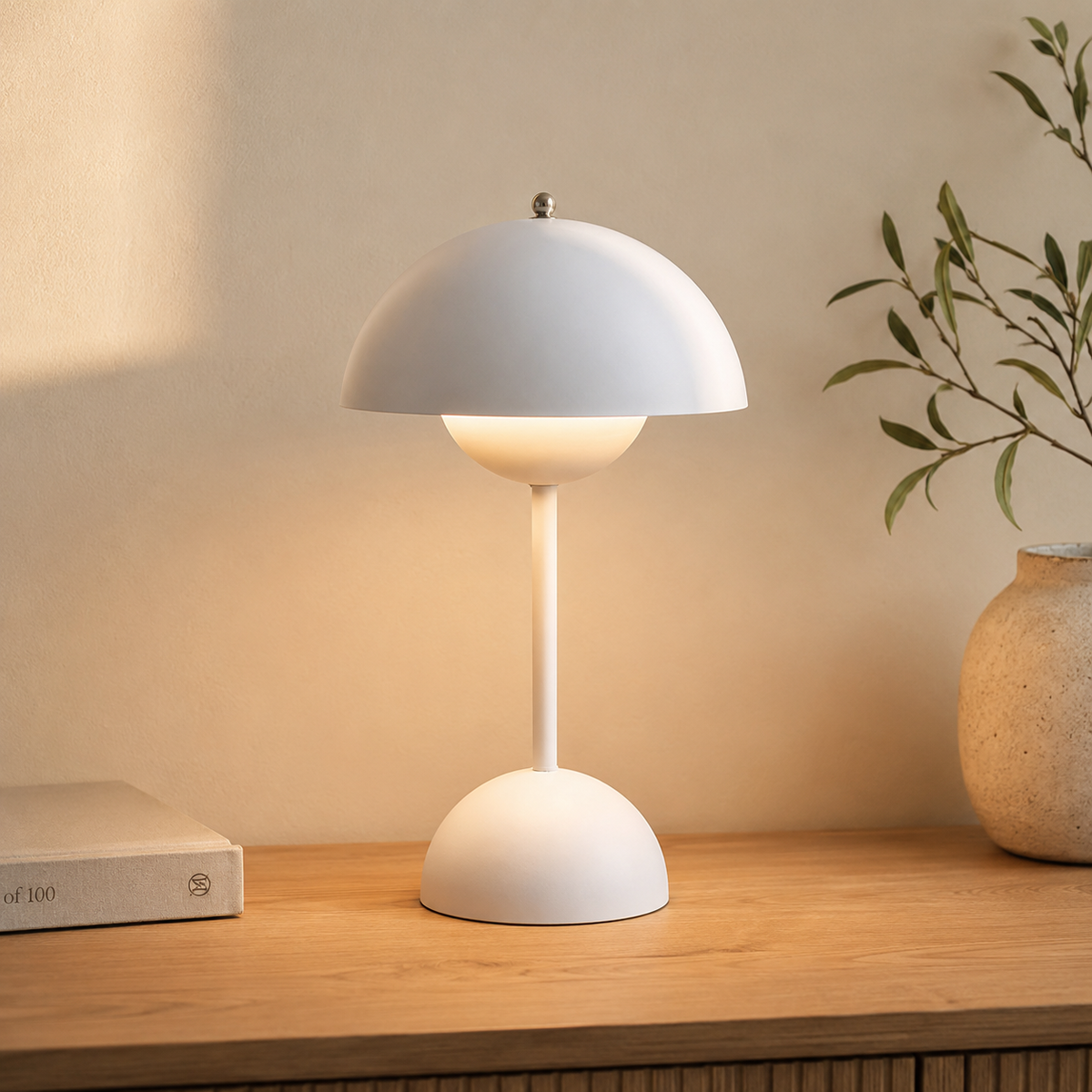 Stylish cordless table lamp with a rounded bud-like dome and touch control. 9