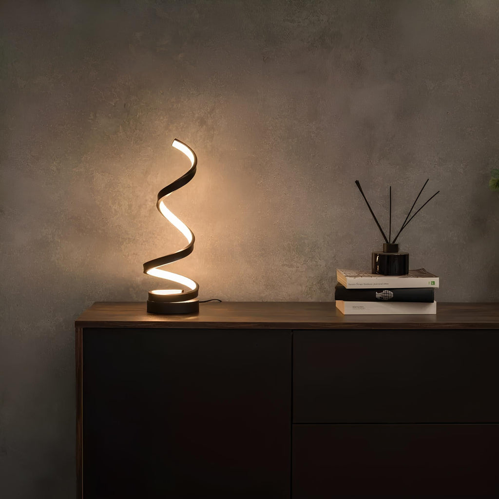 Modern spiral table lamp with dimmable LED lighting and three color temperature options