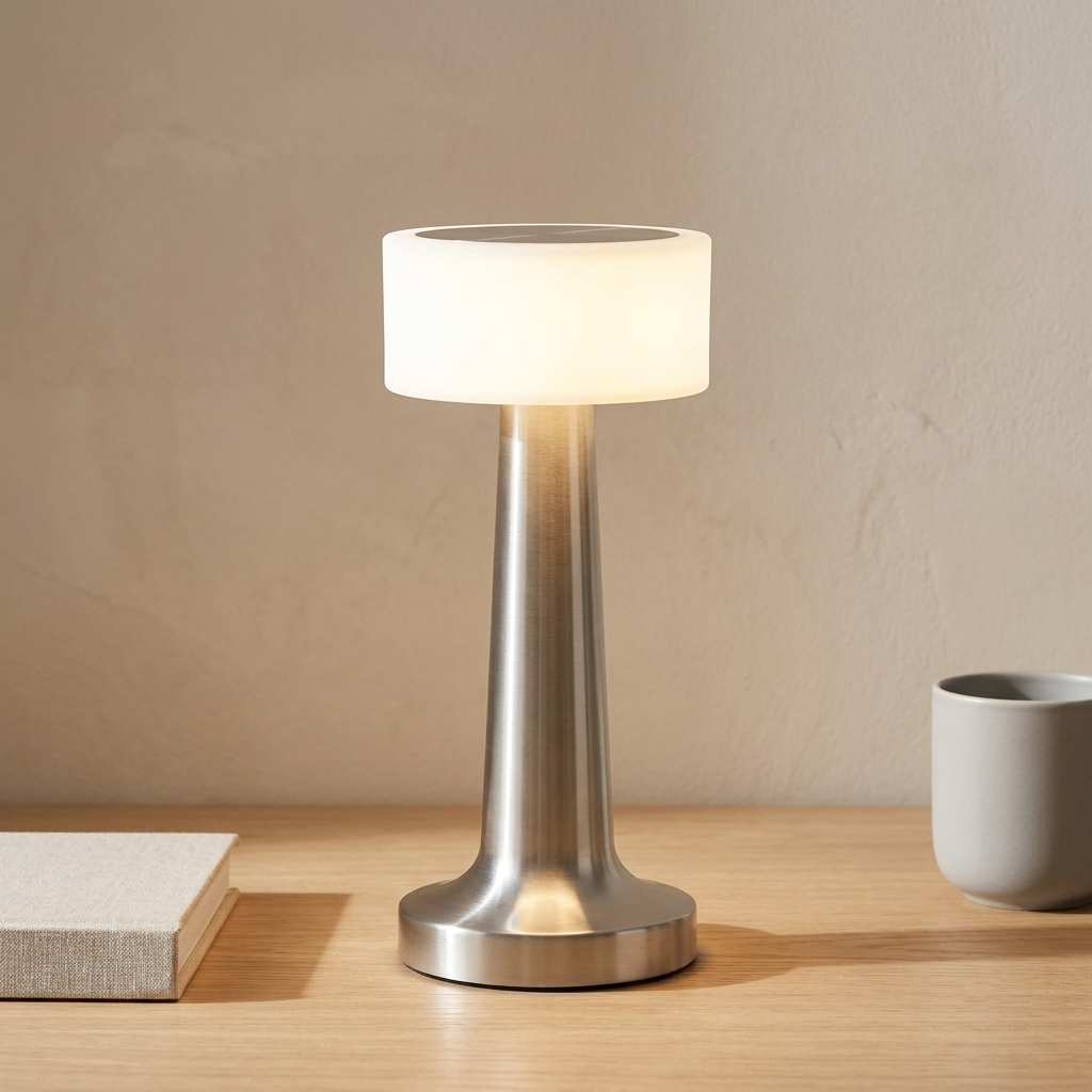 Compact table lamp with touch control and warm light.