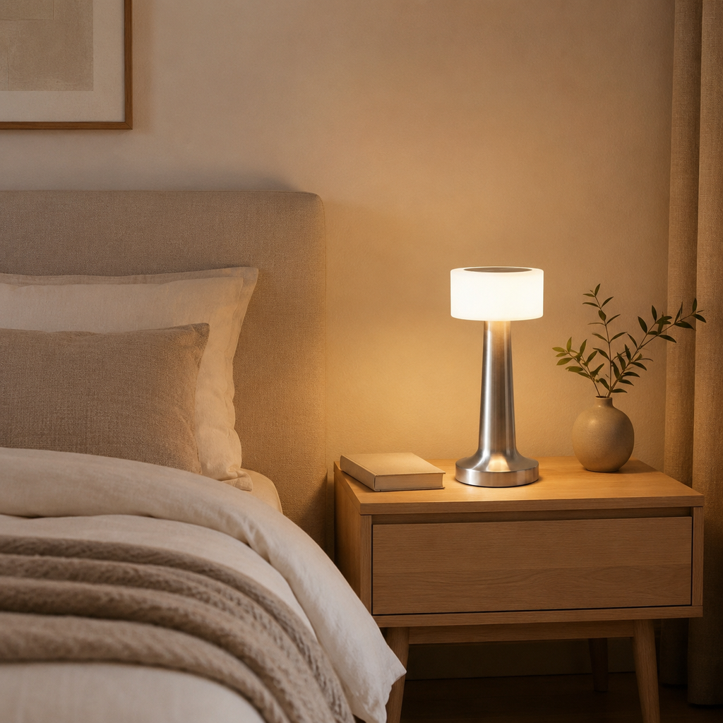 Compact table lamp with touch control and warm light. 3