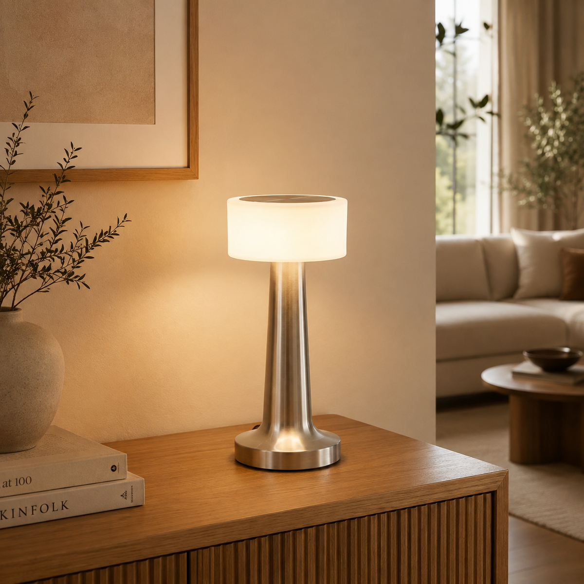 Compact table lamp with touch control and warm light. 4