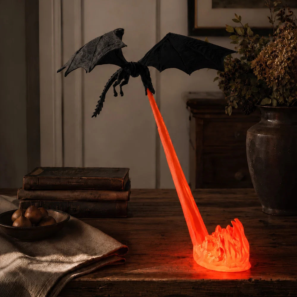 Mythical dragon night light with fire-breathing illusion effect and glowing flames