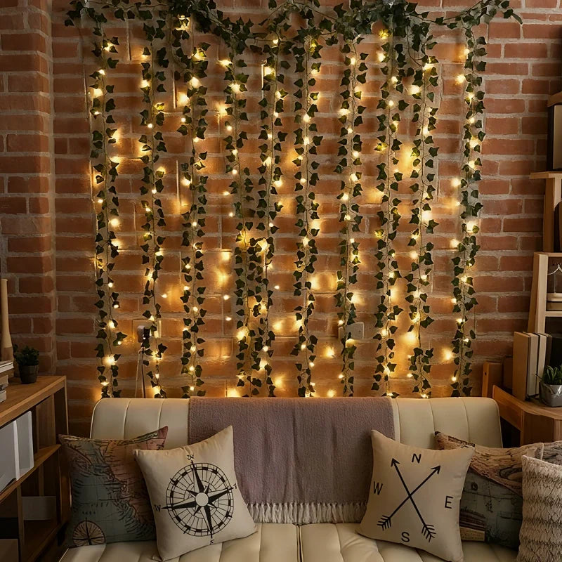 Botanical garland light string with warm white glow and natural foliage design 16