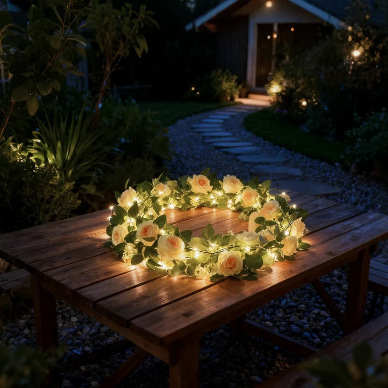 Botanical garland light string with warm white glow and natural foliage design 20