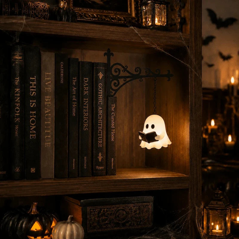 Ornate wrought-iron bookshelf light with illuminated pendant design between books