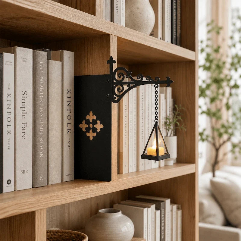 Ornate wrought-iron bookshelf light with illuminated pendant design between books 10