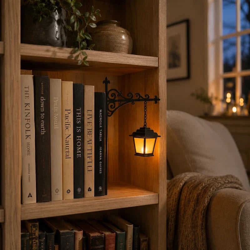 Ornate wrought-iron bookshelf light with illuminated pendant design between books 11