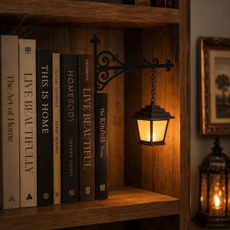 Ornate wrought-iron bookshelf light with illuminated pendant design between books 12