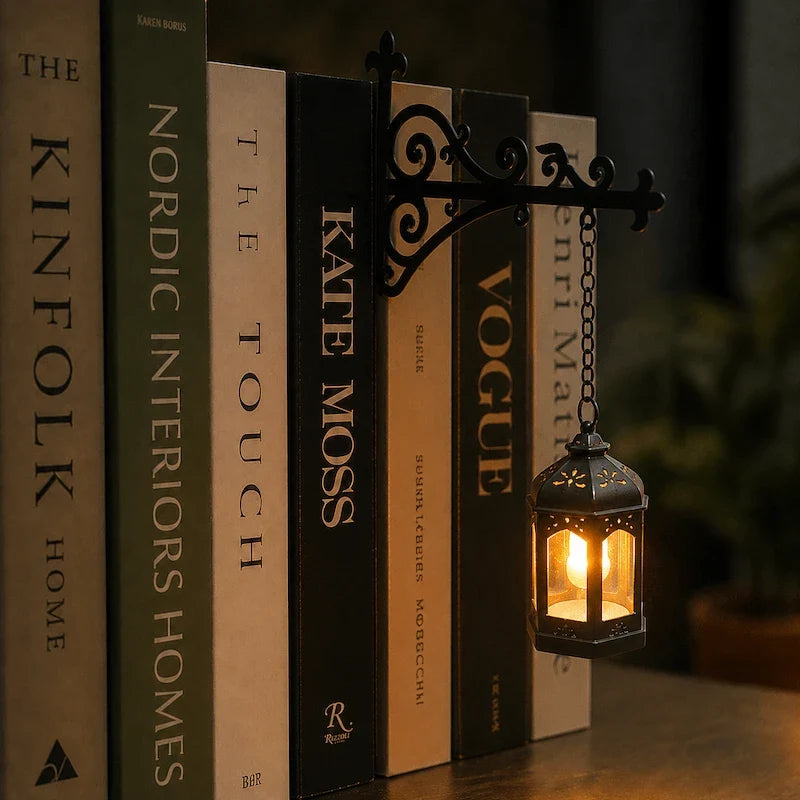 Ornate wrought-iron bookshelf light with illuminated pendant design between books 13