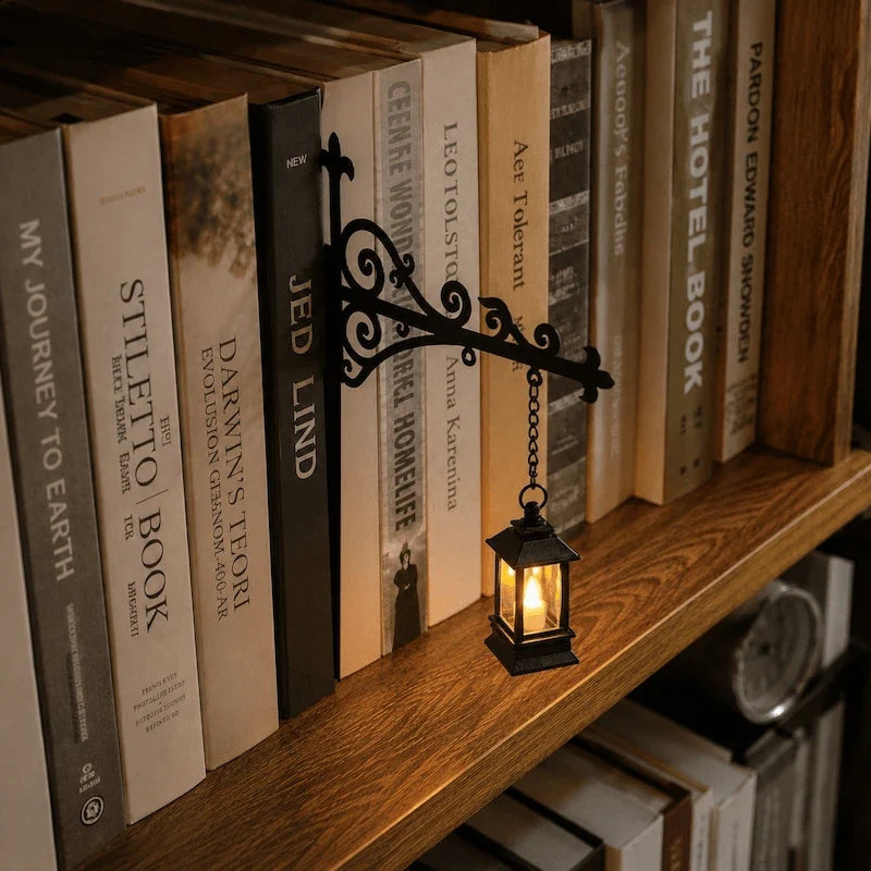 Ornate wrought-iron bookshelf light with illuminated pendant design between books 14