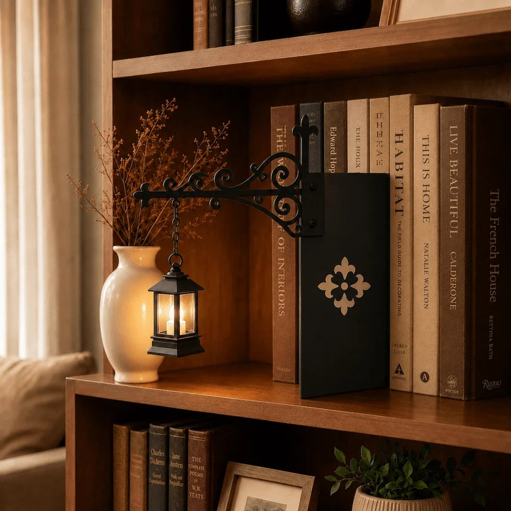 Ornate wrought-iron bookshelf light with illuminated pendant design between books 2
