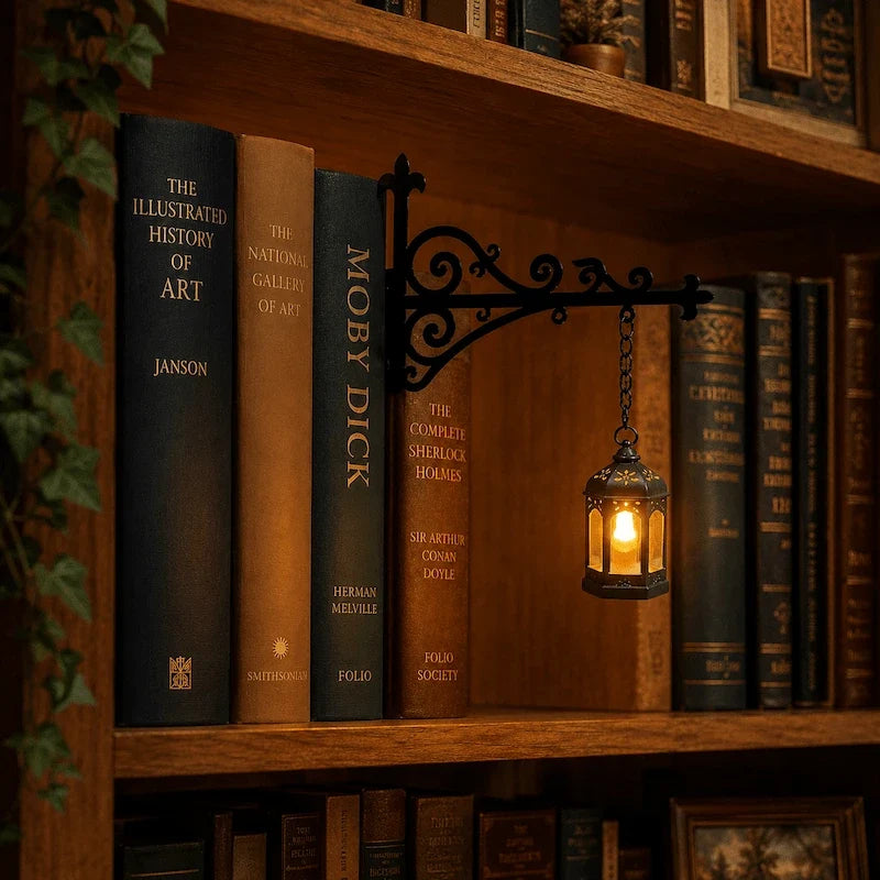 Ornate wrought-iron bookshelf light with illuminated pendant design between books 3