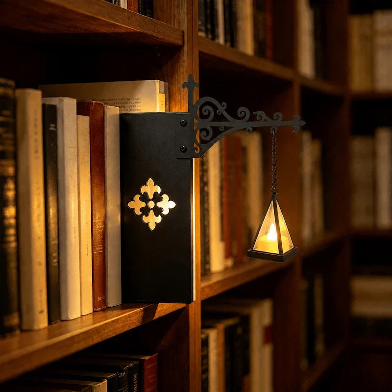 Ornate wrought-iron bookshelf light with illuminated pendant design between books 5