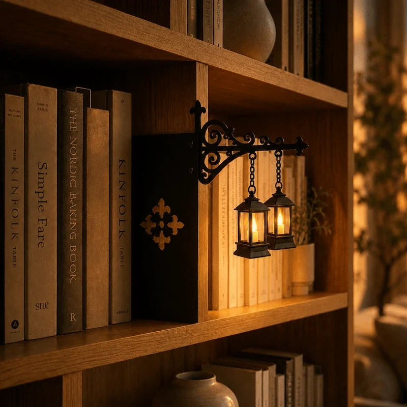 Ornate wrought-iron bookshelf light with illuminated pendant design between books 6