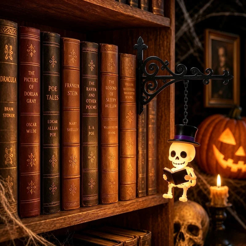 Ornate wrought-iron bookshelf light with illuminated pendant design between books 7