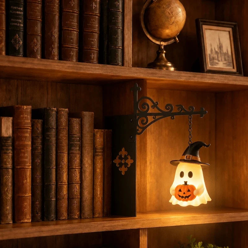 Ornate wrought-iron bookshelf light with illuminated pendant design between books 8