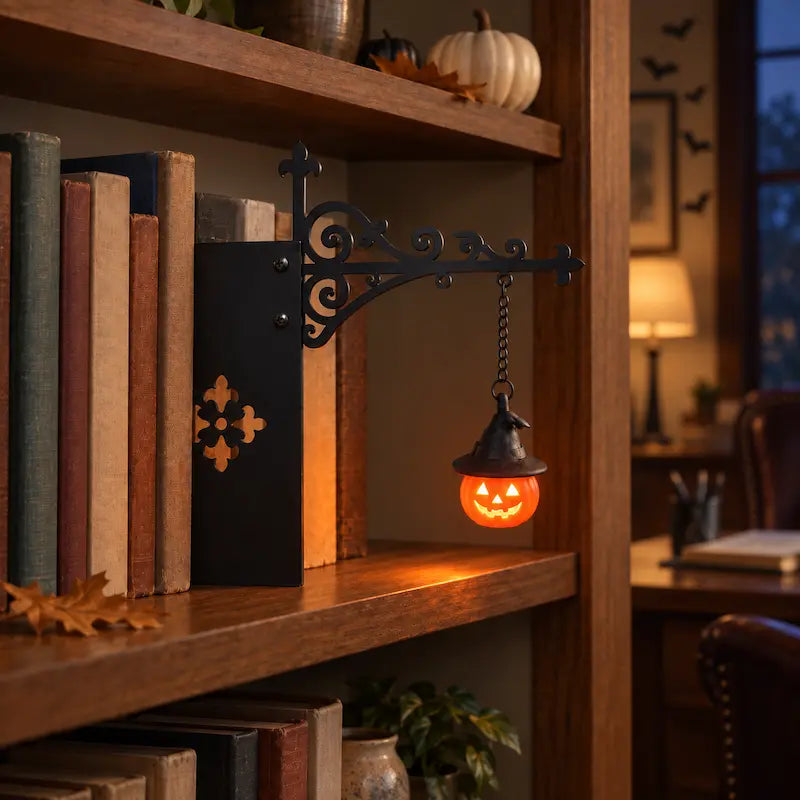 Ornate wrought-iron bookshelf light with illuminated pendant design between books 9