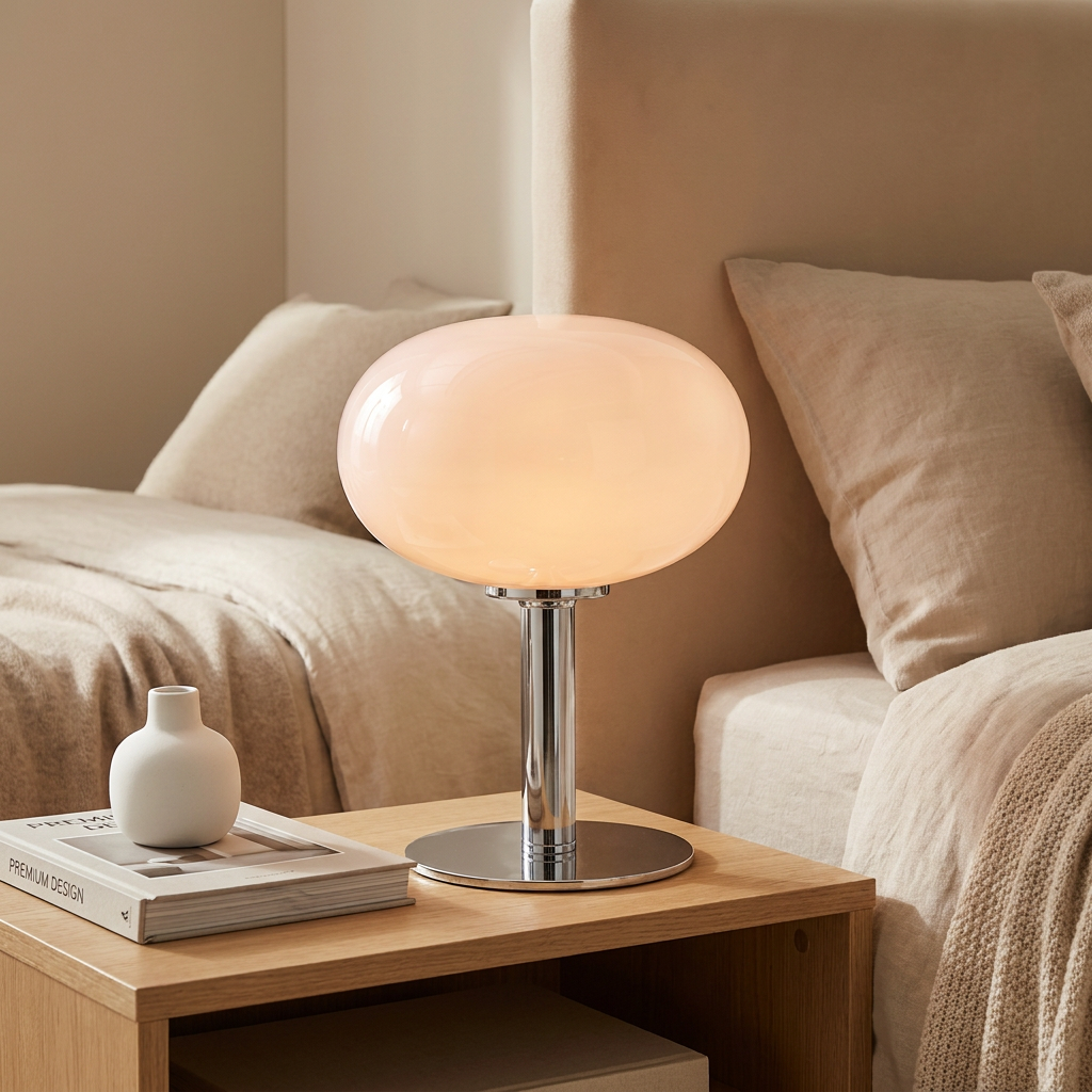 Stylish oval table lamp with a glass shade and chrome base.