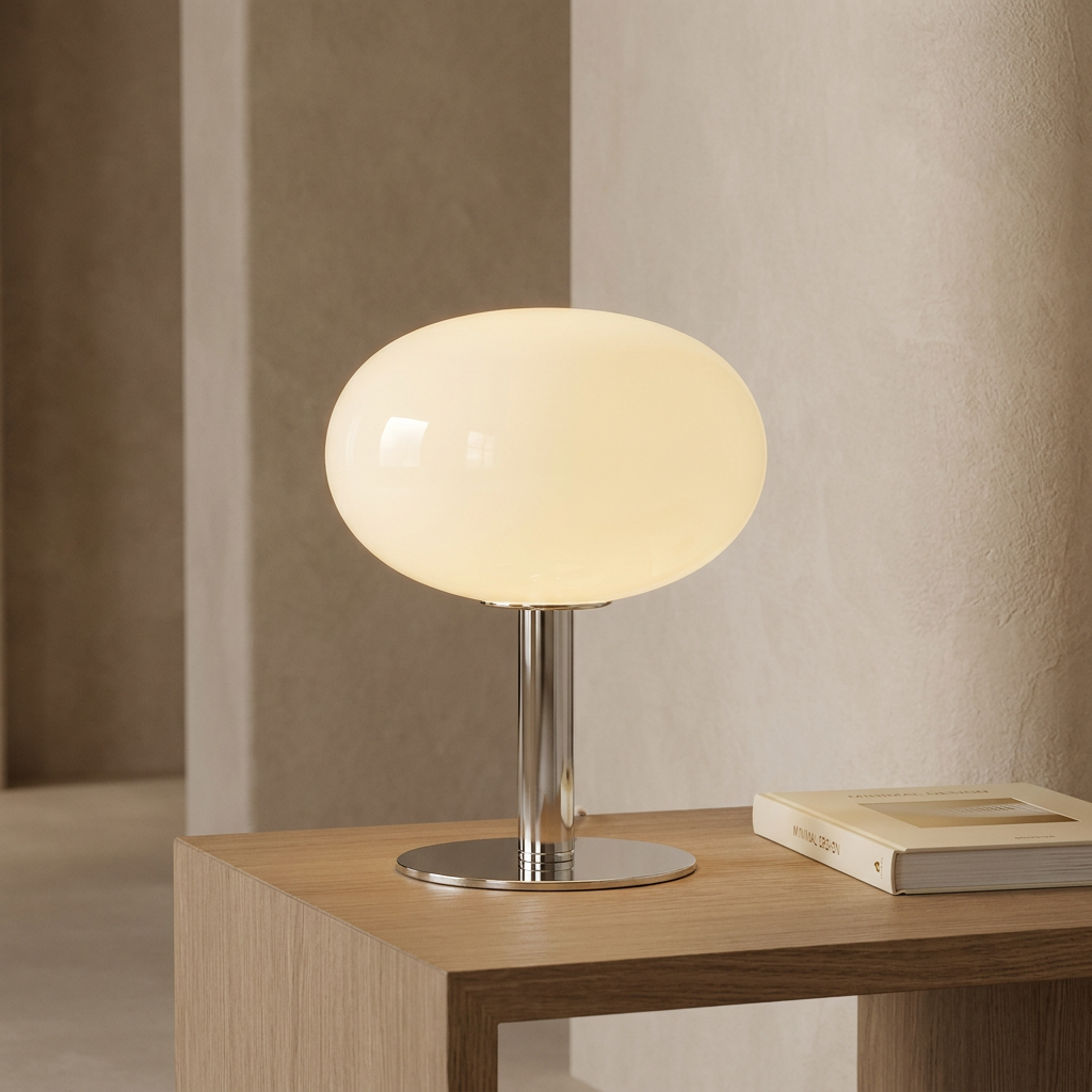 Stylish oval table lamp with a glass shade and chrome base. 2