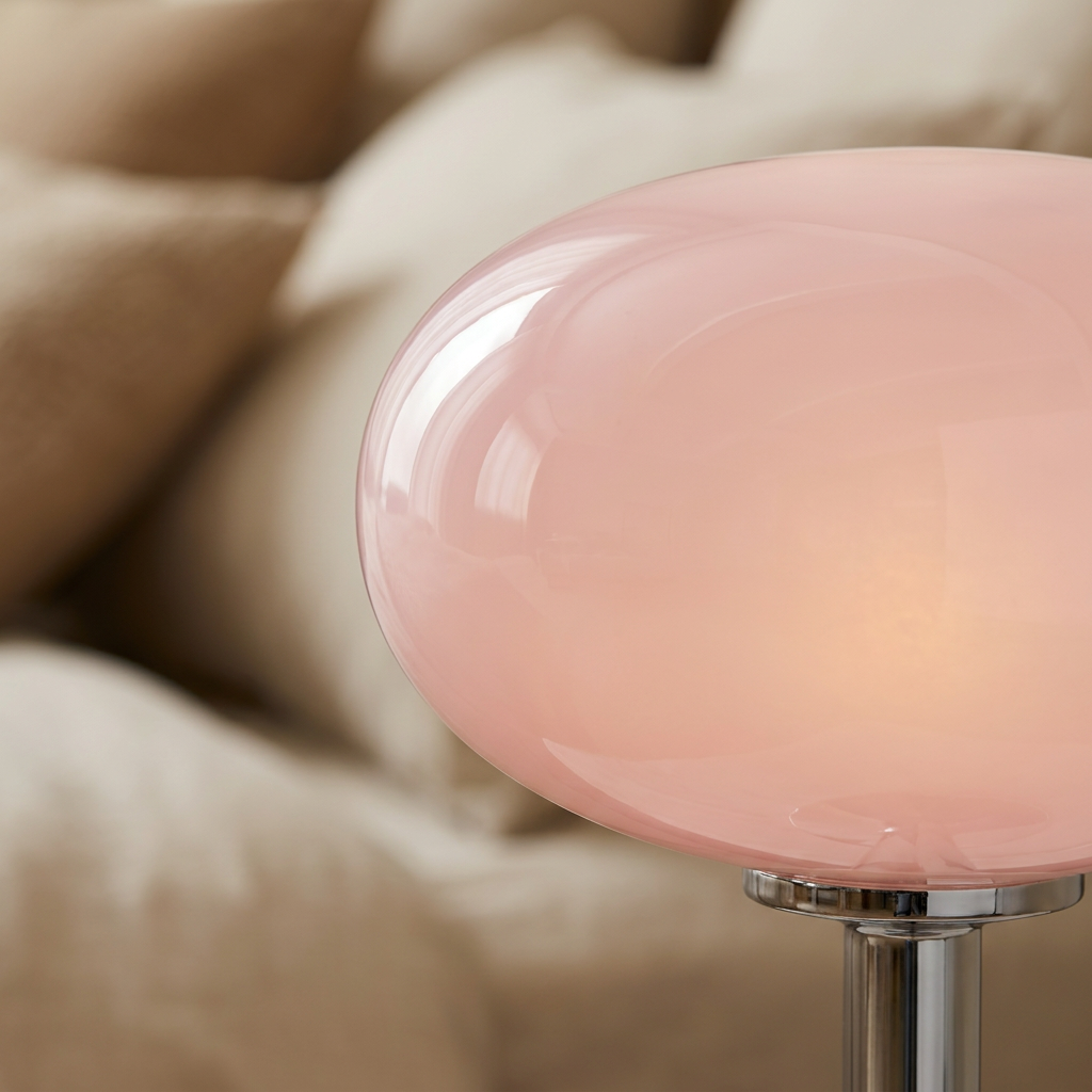 Stylish oval table lamp with a glass shade and chrome base. 3