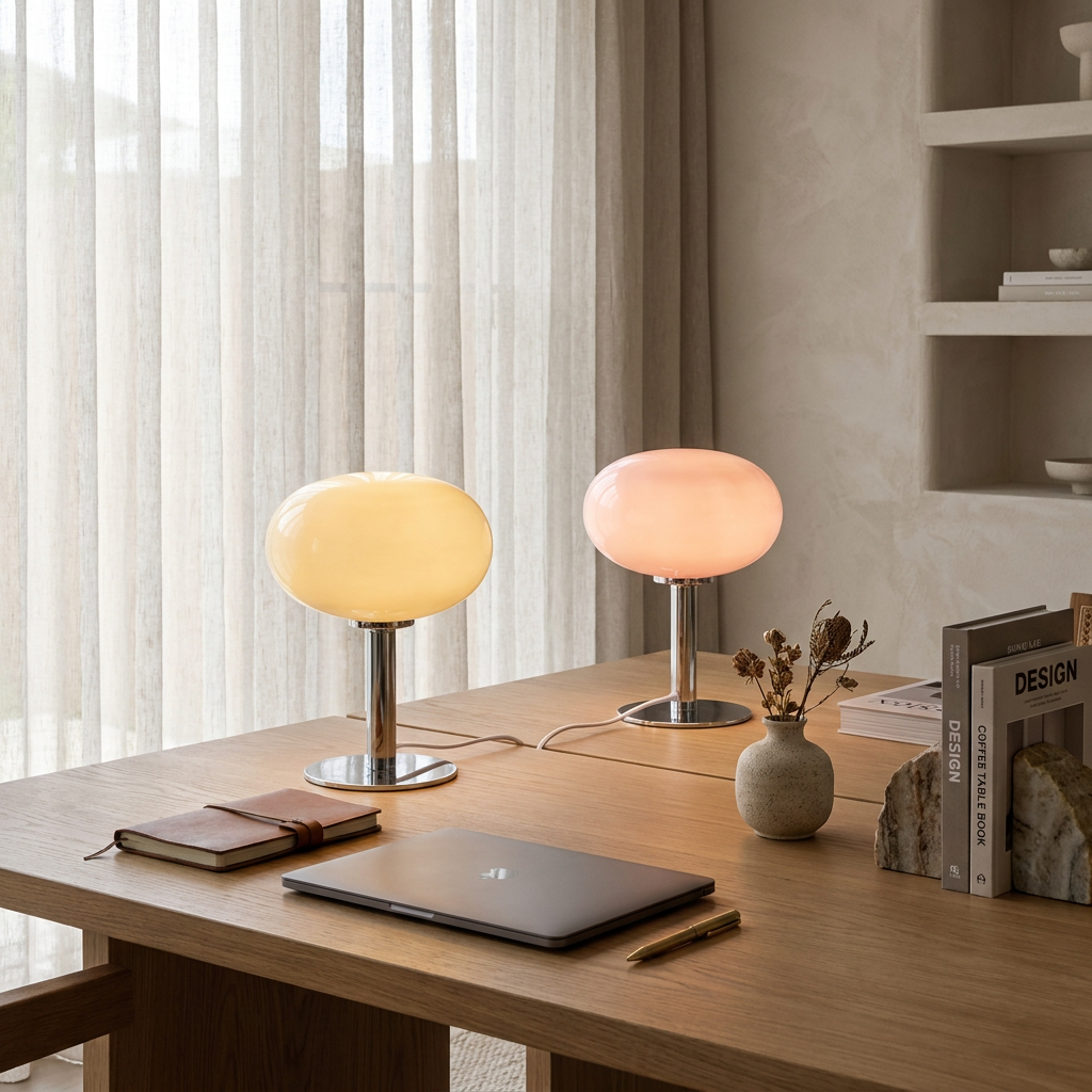 Stylish oval table lamp with a glass shade and chrome base. 4