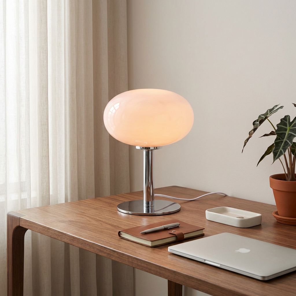 Stylish oval table lamp with a glass shade and chrome base. 5