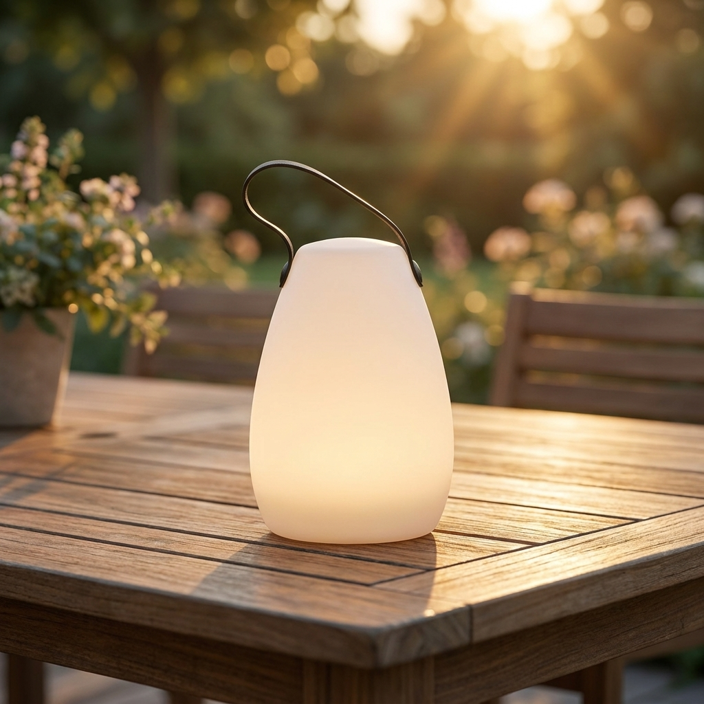 Compact portable lamp providing warm ambient light for indoor and outdoor use.