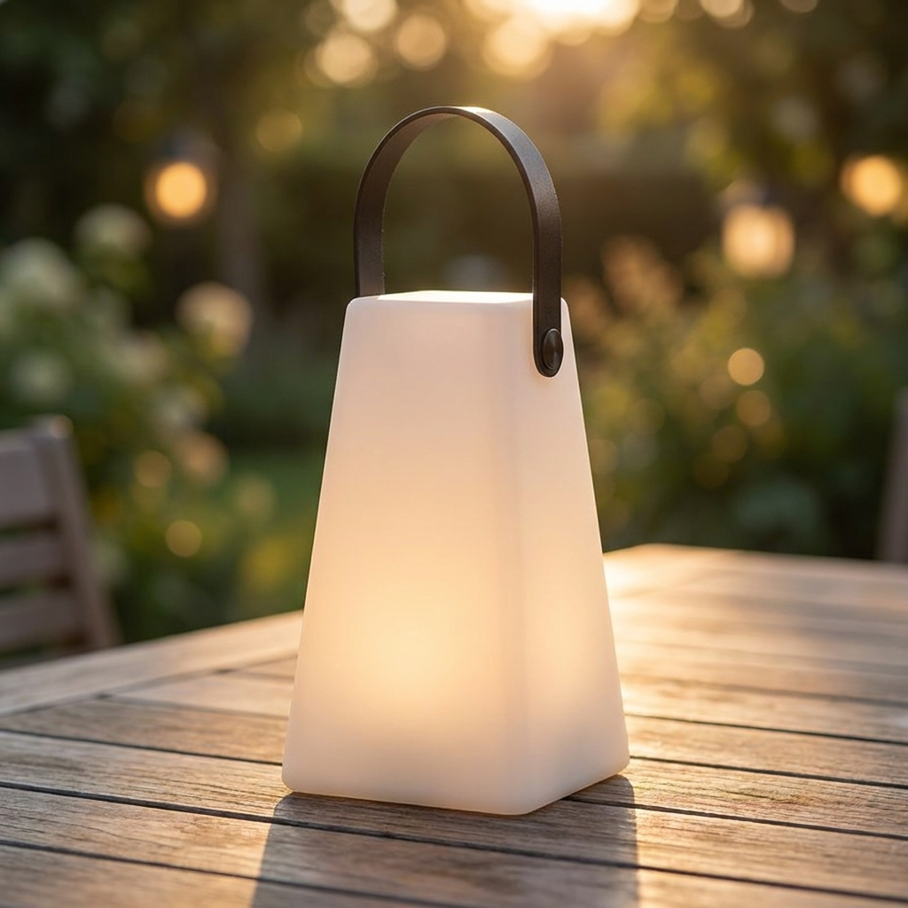 Portable ambient lamp with warm glow and carry handle. 2
