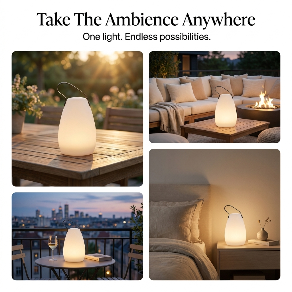 Portable ambient lamp with warm glow and carry handle. 4