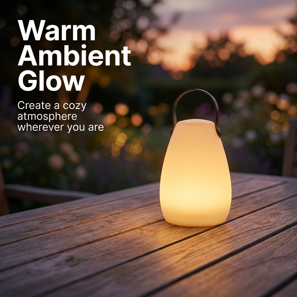 Portable ambient lamp with warm glow and carry handle. 5