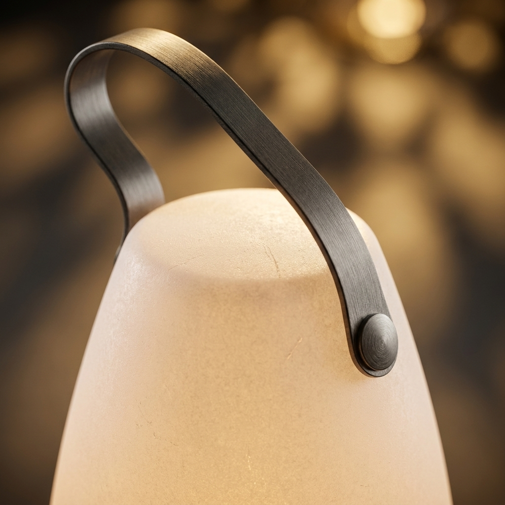 Portable ambient lamp with warm glow and carry handle. 6