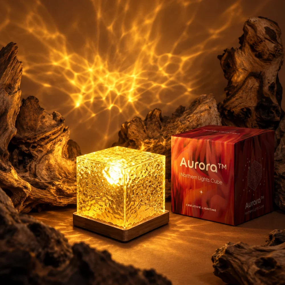 Prismatic Northern Lights Cube casting dynamic colorful ambient light from a wooden base