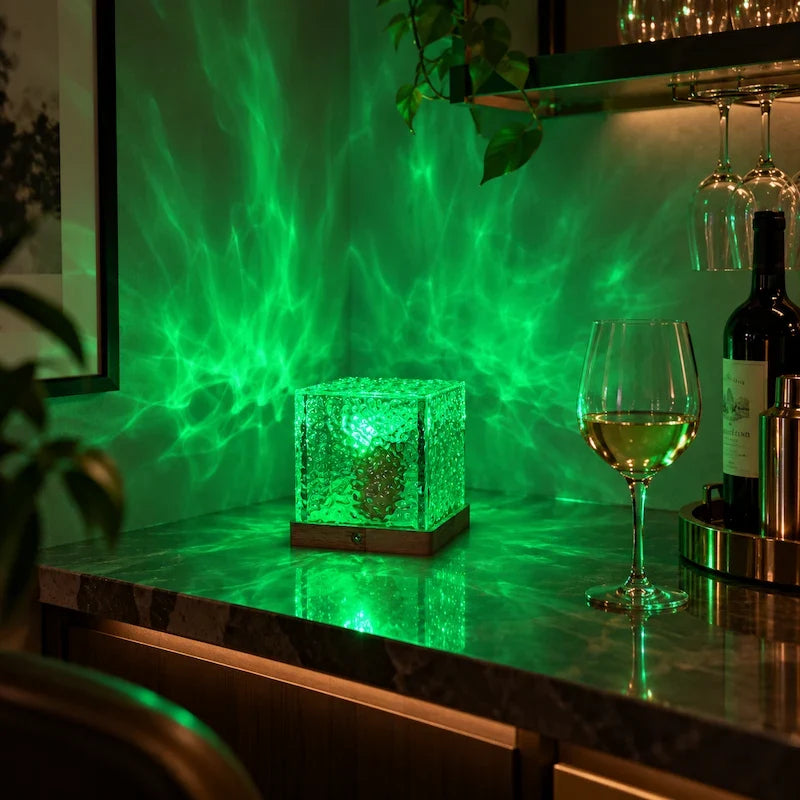 Prismatic Northern Lights Cube casting dynamic colorful ambient light from a wooden base 11