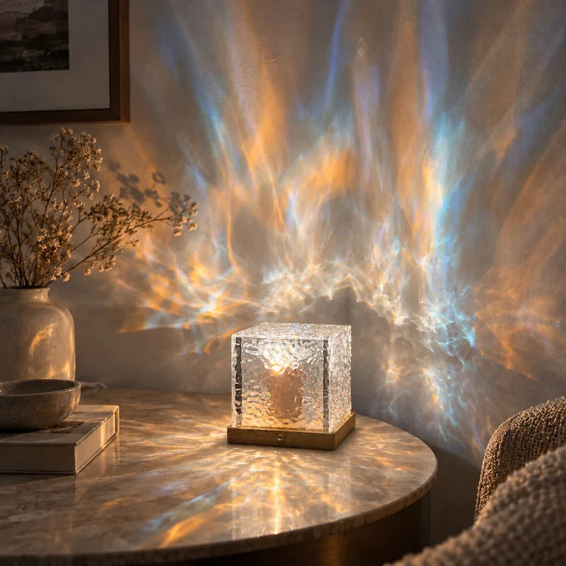 Prismatic Northern Lights Cube casting dynamic colorful ambient light from a wooden base 12