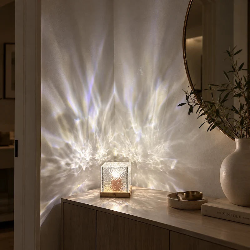 Prismatic Northern Lights Cube casting dynamic colorful ambient light from a wooden base 15
