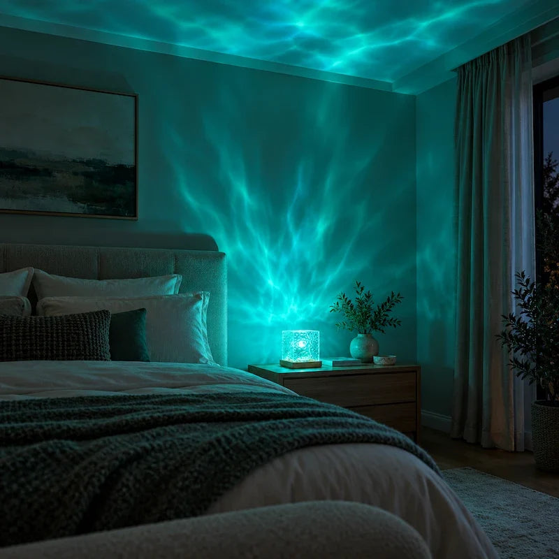 Prismatic Northern Lights Cube casting dynamic colorful ambient light from a wooden base 3