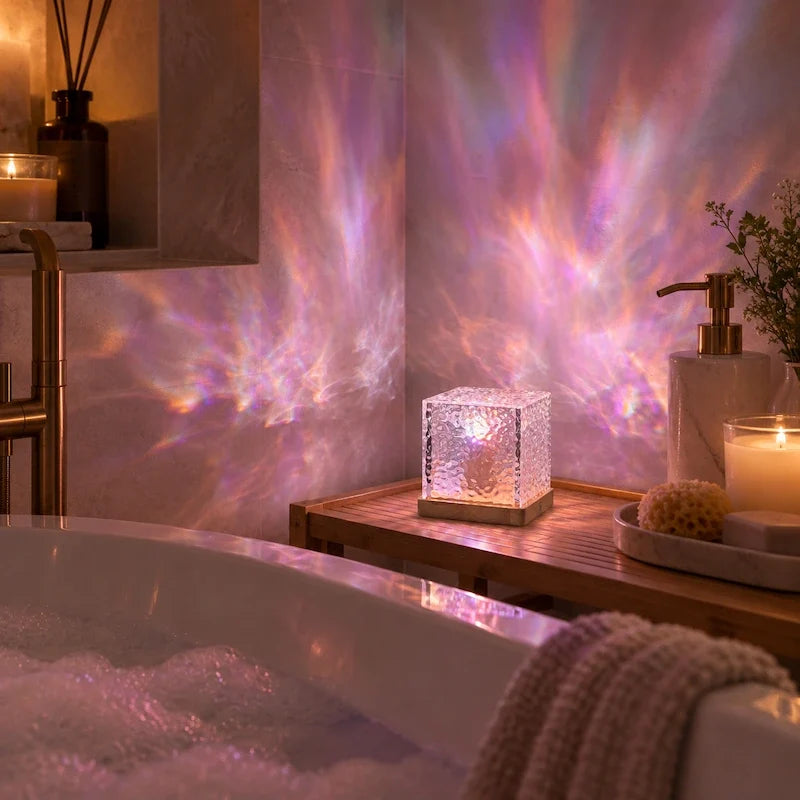 Prismatic Northern Lights Cube casting dynamic colorful ambient light from a wooden base 5