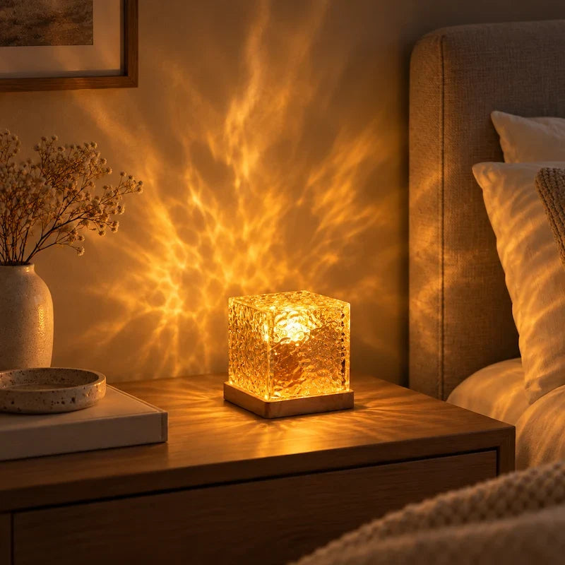 Prismatic Northern Lights Cube casting dynamic colorful ambient light from a wooden base 6