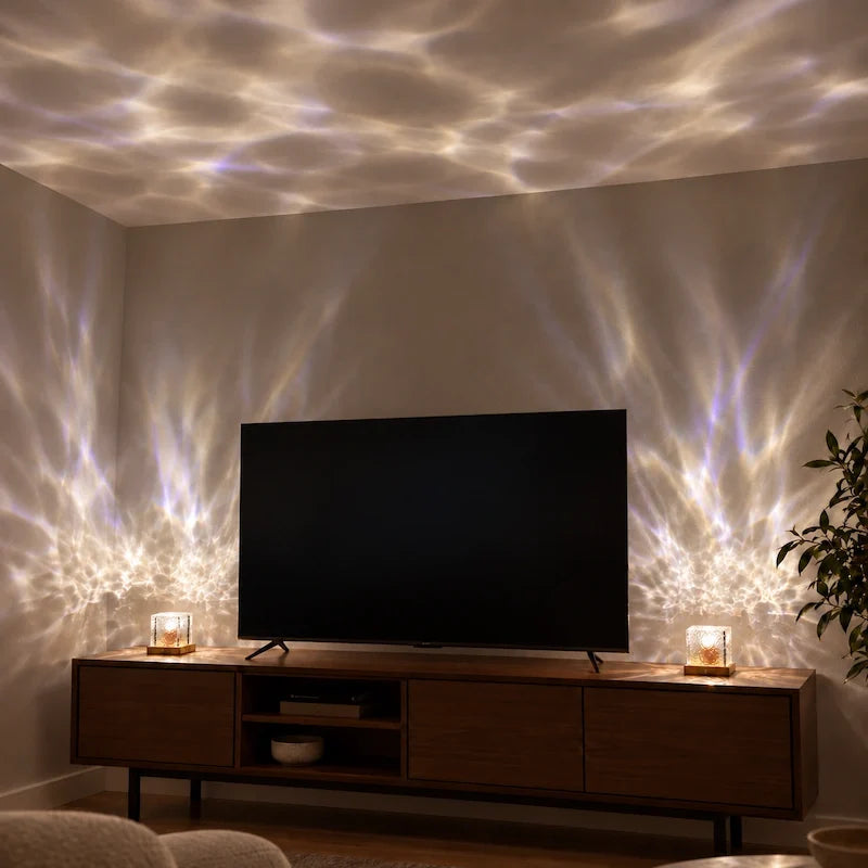 Prismatic Northern Lights Cube casting dynamic colorful ambient light from a wooden base 7