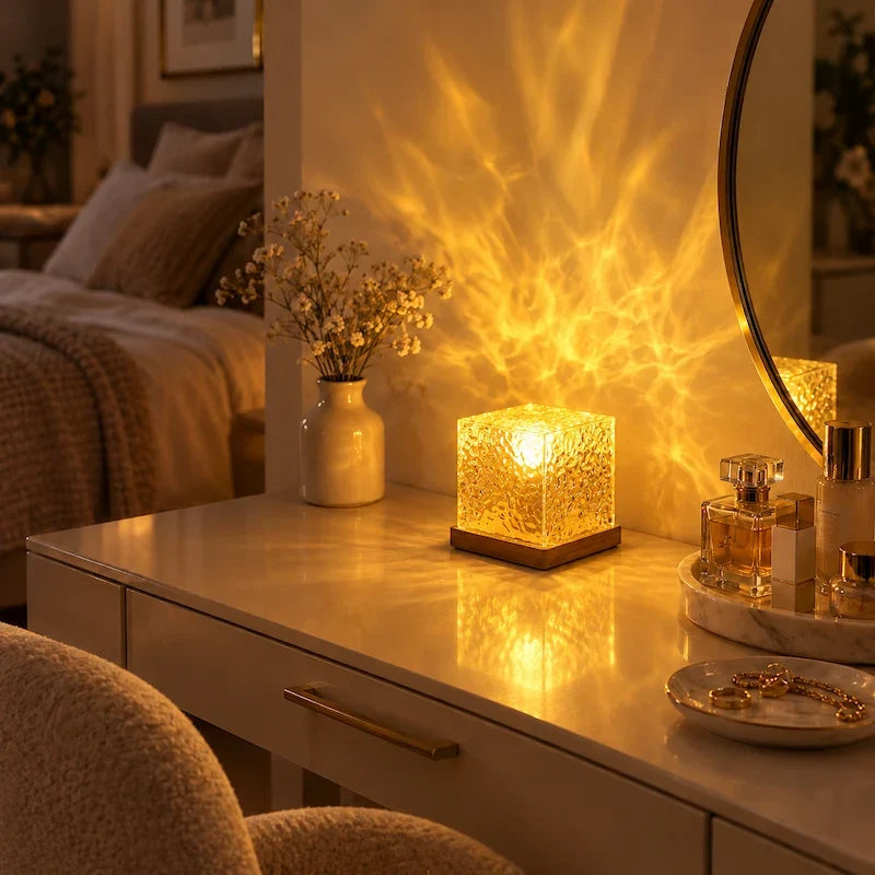 Prismatic Northern Lights Cube casting dynamic colorful ambient light from a wooden base 8