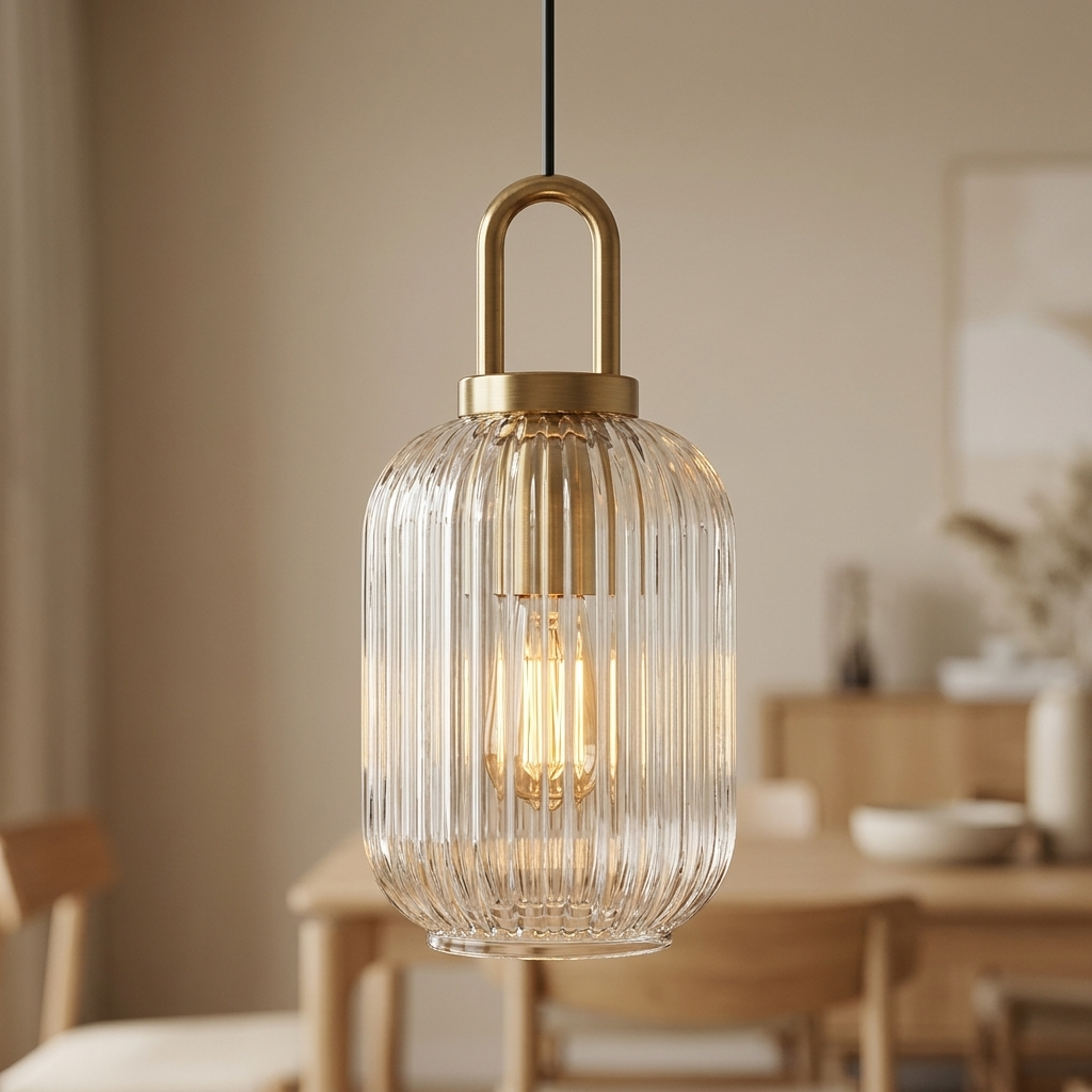 Sculptural ribbed glass pendant light for decorative use. 10