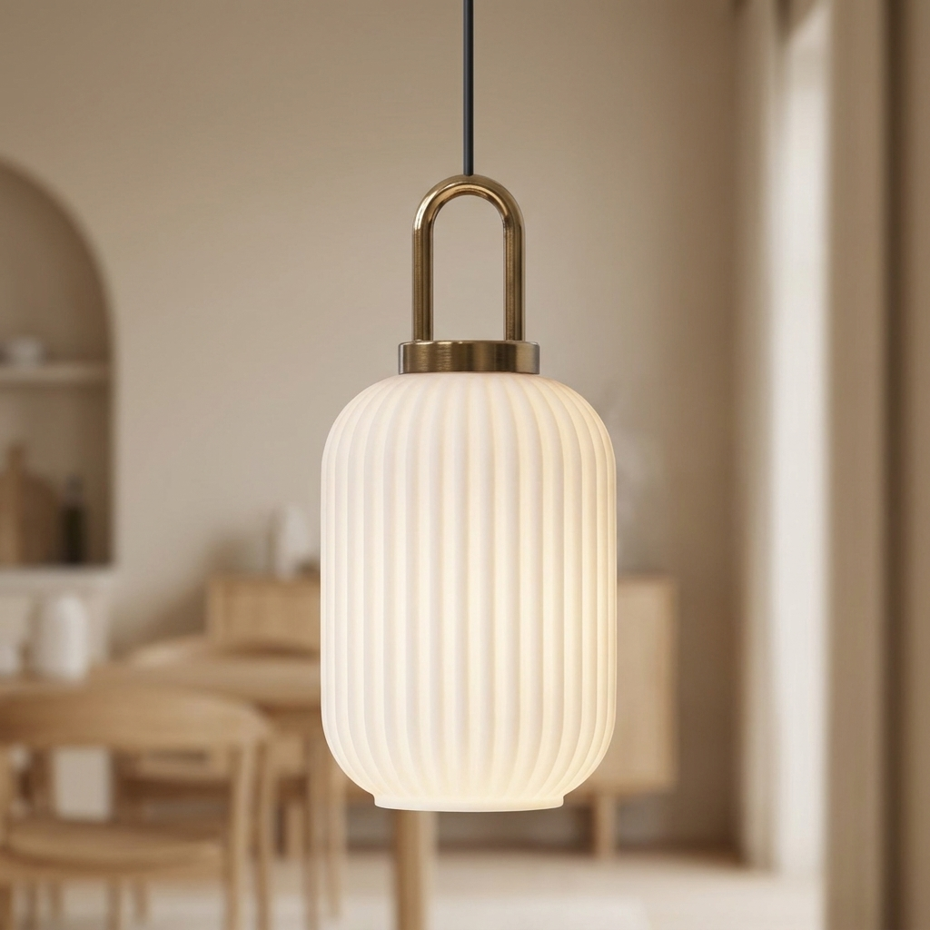 Sculptural ribbed glass pendant light for decorative use. 11