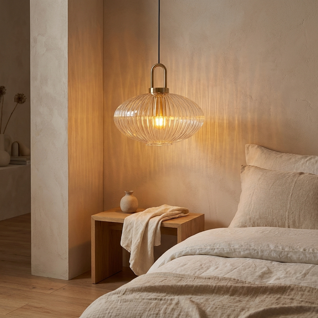 Sculptural ribbed glass pendant light for decorative use. 3