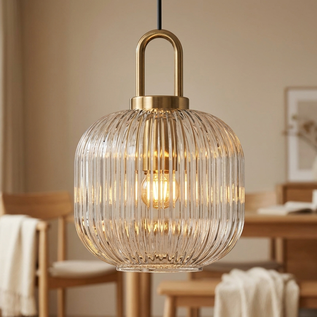Sculptural ribbed glass pendant light for decorative use. 5