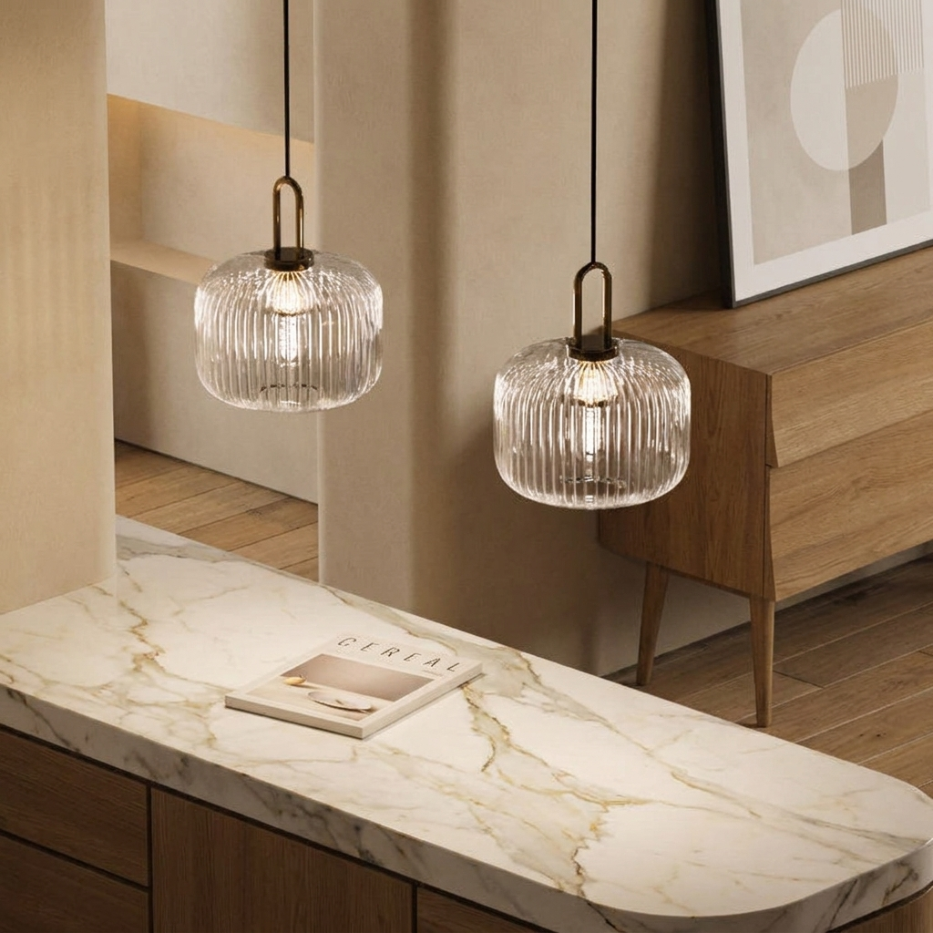 Sculptural ribbed glass pendant light for decorative use. 6