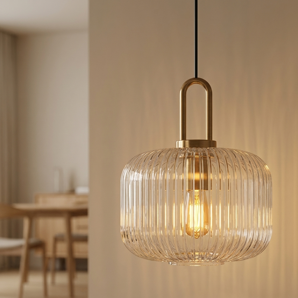 Sculptural ribbed glass pendant light for decorative use. 8