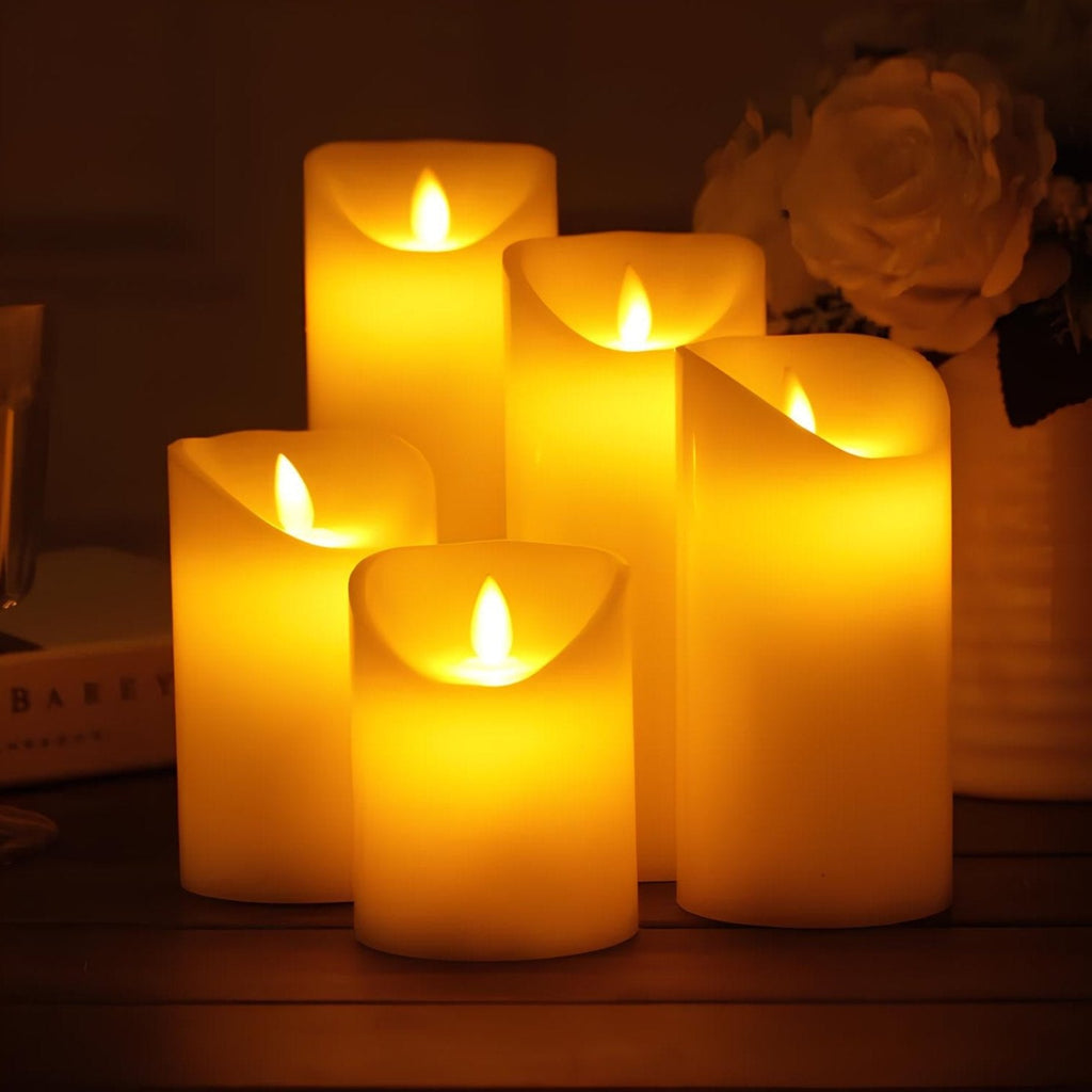 Realistic LED flameless block candles with flickering lights in multiple styles and sizes